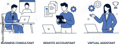 Business consultant remote accountant and virtual assistant character set working online with laptop and digital documents vector illustration