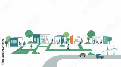 A modern eco-friendly neighborhood with green spaces and people