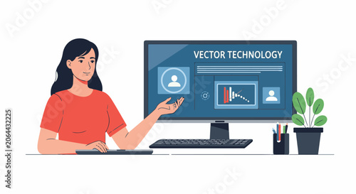 A woman presenting on a computer with vector technology