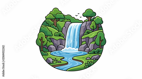 A vibrant cartoon landscape with a waterfall, trees, and a stream