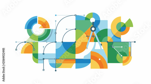 Colorful geometric shapes and lines create a vibrant abstract composition
