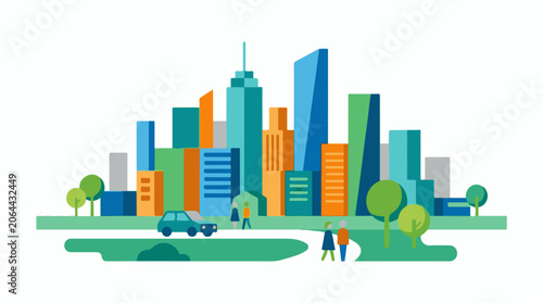 Colorful cityscape with buildings, trees, and people walking