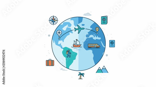 Colorful globe with travel-related icons and transportation modes