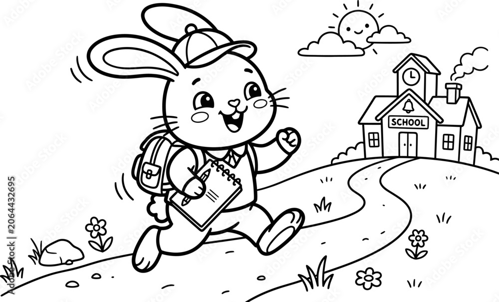 Fototapeta premium Bunny rabbit with backpack going to school, happy, cute, educational.