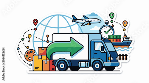 Colorful illustration of truck with cargo and transportation icons
