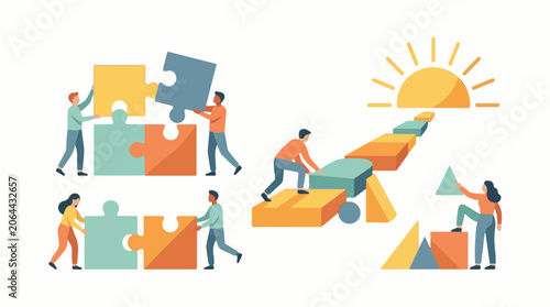 Illustration of people working together to build and connect puzzle pieces to reach a sun
