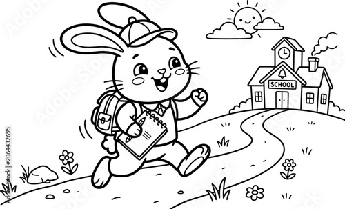Bunny rabbit with backpack going to school, happy, cute, educational.