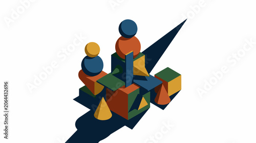 Isometric illustration of two people sitting on geometric shapes