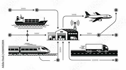 Logistics and transportation network diagram with ship, airplane, truck, train, and warehouse