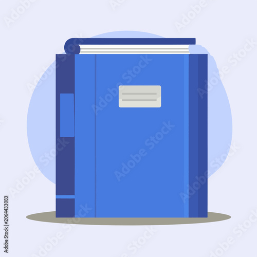 A blue book with a white label on the cover and pages sticking out