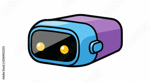 A cartoon robot head with a blue and purple body and yellow eyes