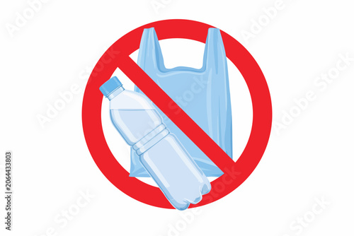Prohibition sign showing plastic bottle and shopping bag waste together
