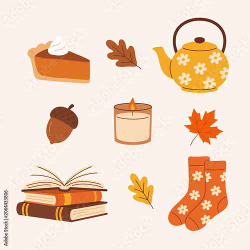 Cozy autumn themed illustrations featuring pumpkin pie tea socks and books