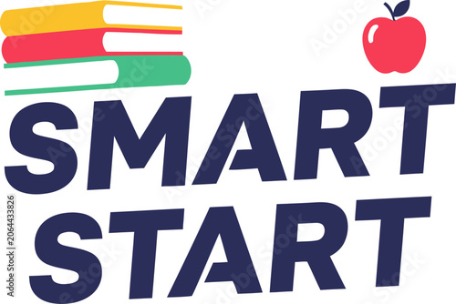Smart start typography design with stack of colorful books and shiny red apple icon back to school typography