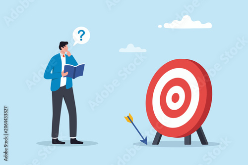 Man thinking while aiming at target with arrow illustration