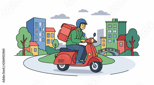 A delivery person rides a red scooter through a city