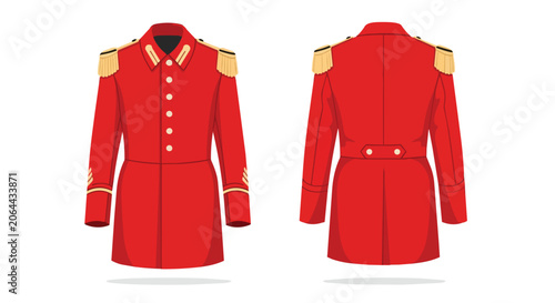 Red British Royal Guard Ceremonial Uniform Jacket Illustration with Gold Epaulettes Front and Back View