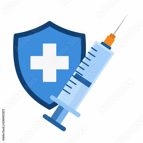 Medical syringe illustration combined with shield symbol for healthcare protection