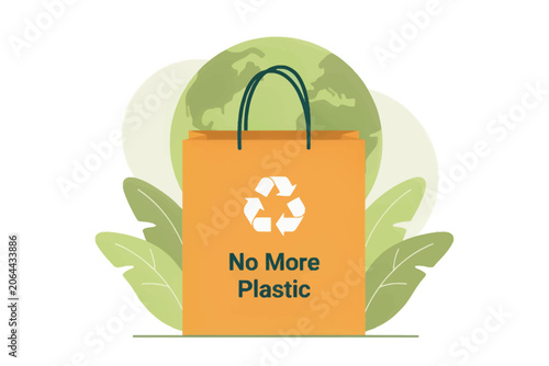 Orange shopping bag promoting no more plastic with recycling symbol