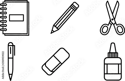 Line art icons of school and office supplies like notebook, pen, pencil, scissors.