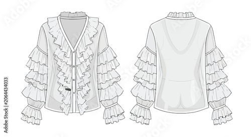 Women Elegant Ruffled Blouse Fashion Technical Drawing Flat Sketch Template with Frill Detail and Long Sleeves