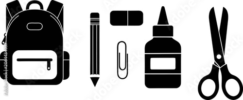 School supplies silhouette icons like backpack, pencil, scissors, and glue bottle.