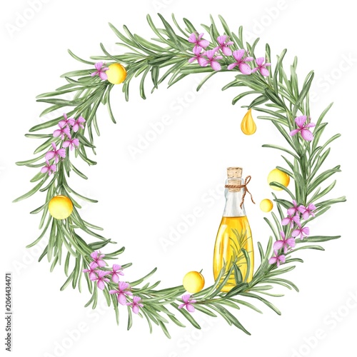 Rosemary wreath with flowering Rosemary sprigs, essential oil bottle, oil Drops, watercolor botanical Illustration on White background