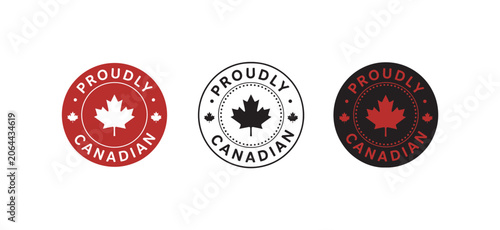 proudly Canadian round badge vector set featuring maple leaf symbols for national branding and labels