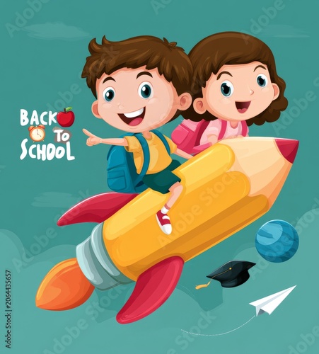 Two excited children are joyfully flying on a giant cartoon pencil, capturing the thrill and anticipation of the new school year with vibrant colors and imaginative design elements.