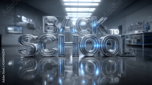 A modern 3D representation of the phrase 'Back to School' in a sleek and polished industrial environment showcases the excitement for returning to academic endeavors in a unique artistic style.