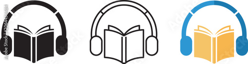 reading icon set with audiobook headphones and open book symbols in monochrome, outline and colorful flat vector designs