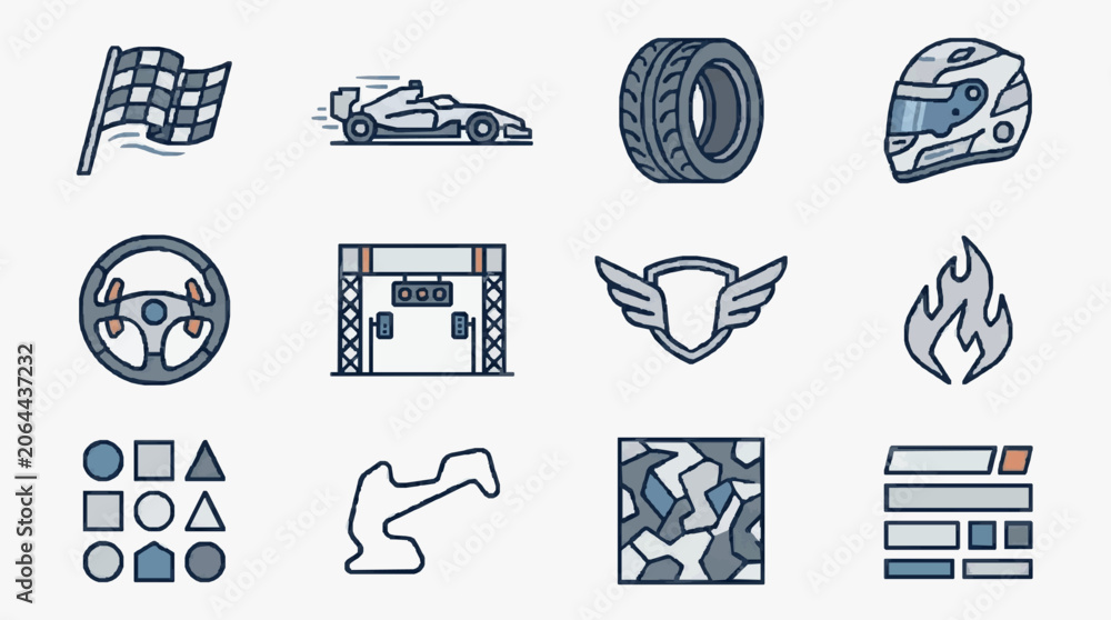Naklejka premium Creative Racing and Motorsport Iconography Collection Featuring Dynamic Elements and Symbols of Speed Competition and Precision