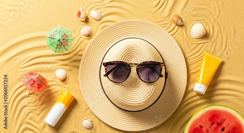 Summer Beach Essentials Flat Lay Hat, Sunglasses, Sunscreen, Watermelon