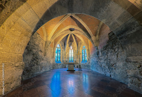 Fotografie ​Horizontal wide angle view of an ancient underground stone crypt with an altar