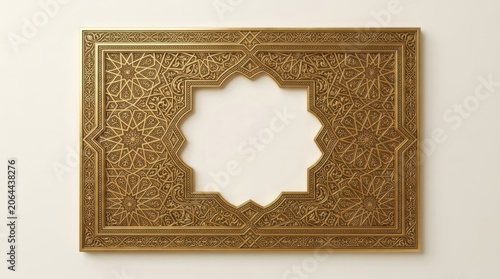 Islamic geometric star frame with intricate patterns and elegant gold details for cultural design, sophisticated oriental border
