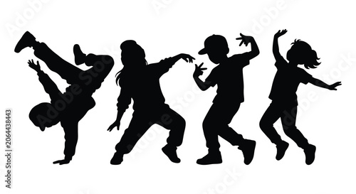 Dancing children silhouettes in dynamic poses black on white background silhouette