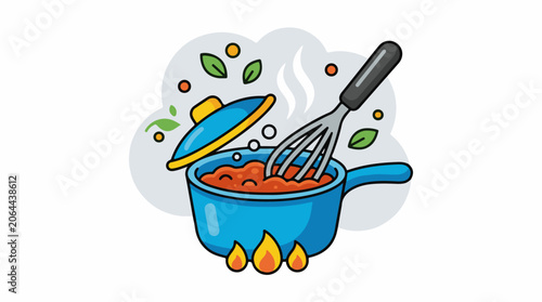 A blue pot filled with red sauce and a whisk, emitting steam and surrounded by leaves