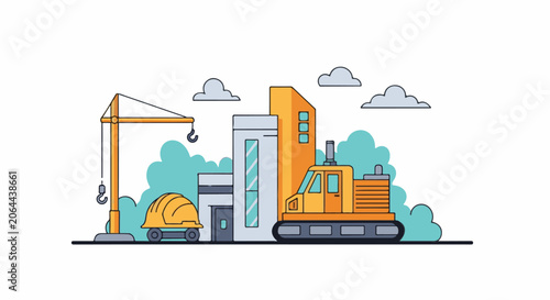 A cartoon illustration of a construction site with a crane, bulldozer, and building