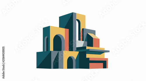 A colorful abstract illustration of a building with geometric shapes and arches
