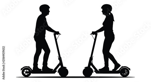 Fotografie Two people riding electric scooters black silhouette