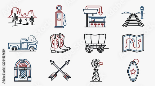 Minimalist Icons Representing Classic American Western and Route 66 Travel Themes with high professional line art symbols for modern creative design and digital branding projects