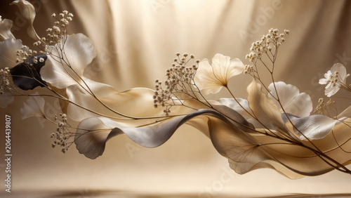 Baby breath flower desktop wallpaper with delicate gossamer petals and flowing ribbons creating soft warm mood and elegant still life