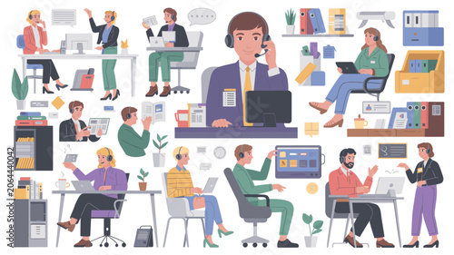 Customer Service and Office Work Vector Illustration Set