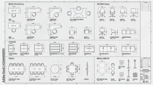 Фотография Technical furniture catalog and dimension guide for office interior design