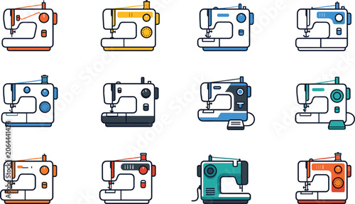 Foto Modern colorful electronic sewing machine flat line icon set for tailoring dress