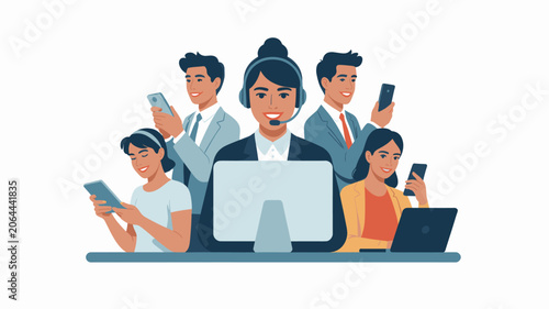 Customer Support Service Team with Headset and Devices Illustration
