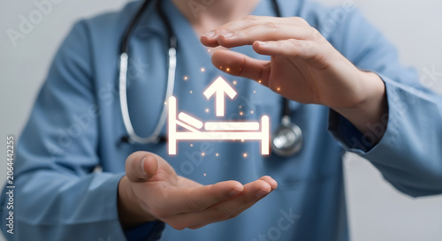 Doctor holding glowing bed icon symbolizing healthcare insurance and medical services.