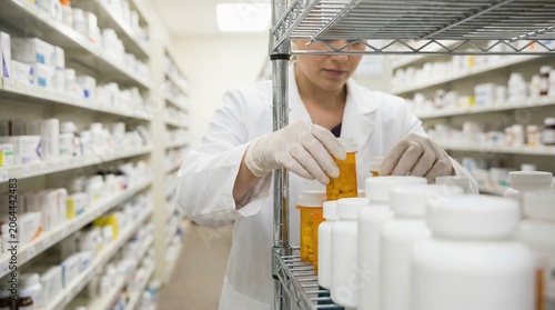 Pharmacist organizing prescription medication bottles on pharmacy shelf