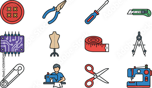 Foto Smart textile manufacturing and fashion technology line icon set with electronic