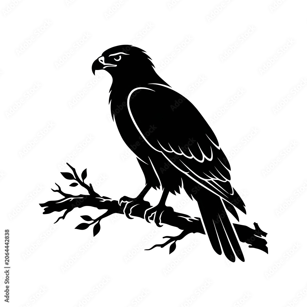 Fototapeta premium Black Hawk Bird Perched on Branch Silhouette Minimalist Monochrome Illustration